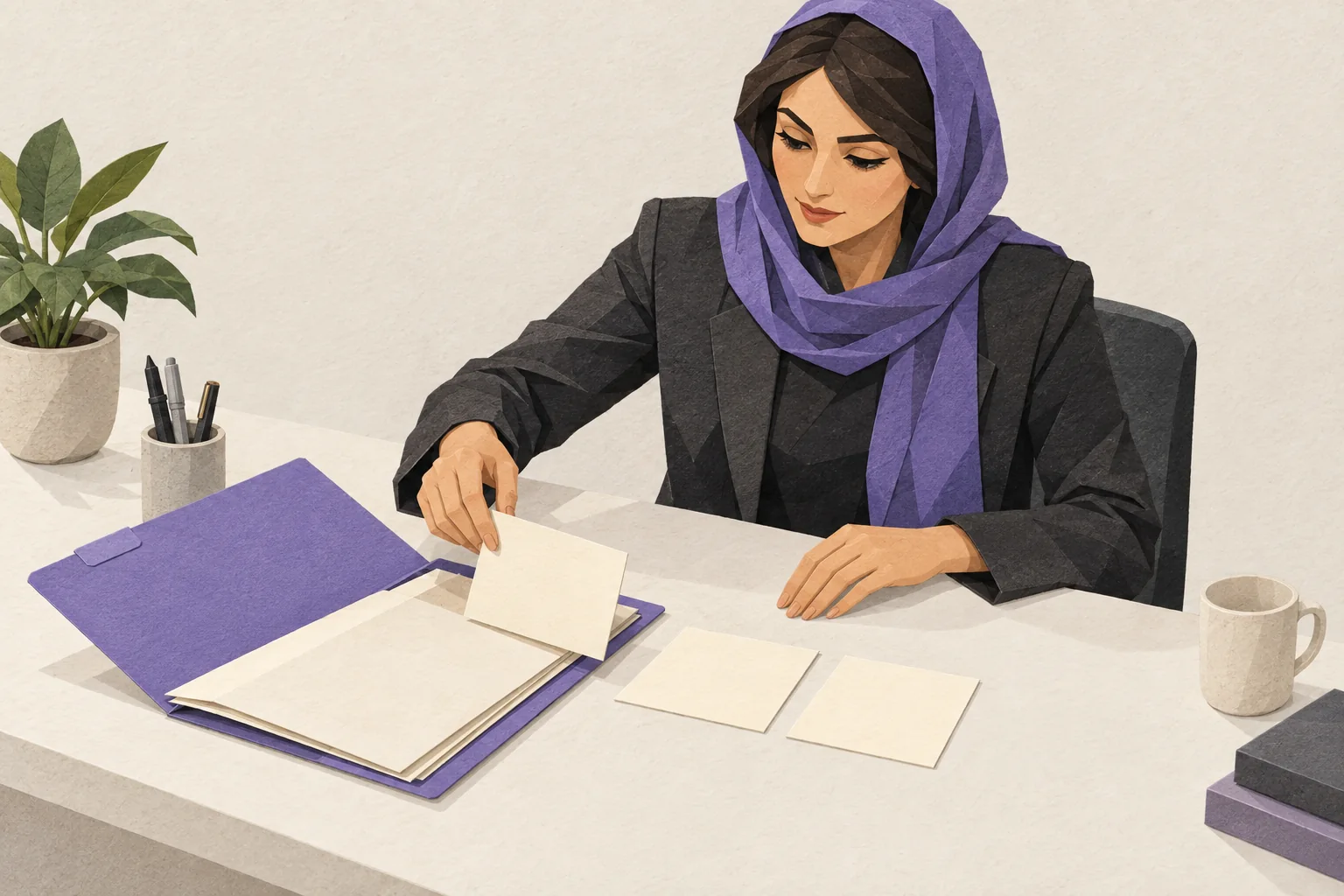 تصویرسازی مفهومی همکار پشتیبانی در حال مرتبکردن یادداشتها کنار پروندهٔ باز